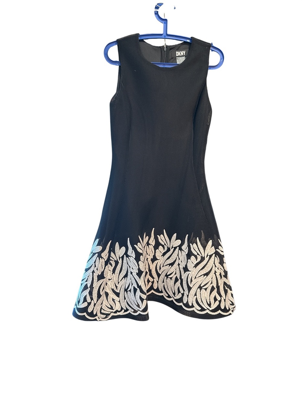 DKNY Black Sleeveless Mini Dress with White Embroidered Leaf Border